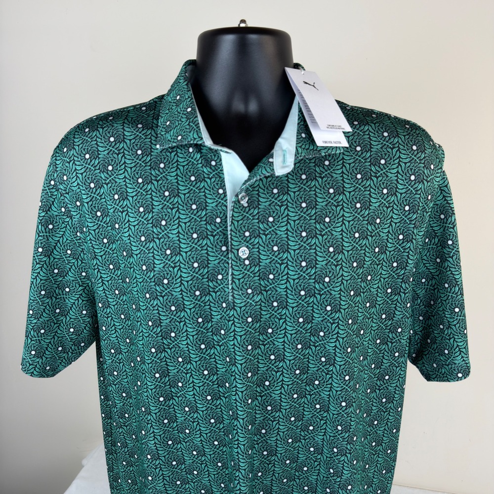 Puma Golf Mens Pique Botanic Polo Shirt Aquatic Green Black 628831‎ 02 Large NWT
